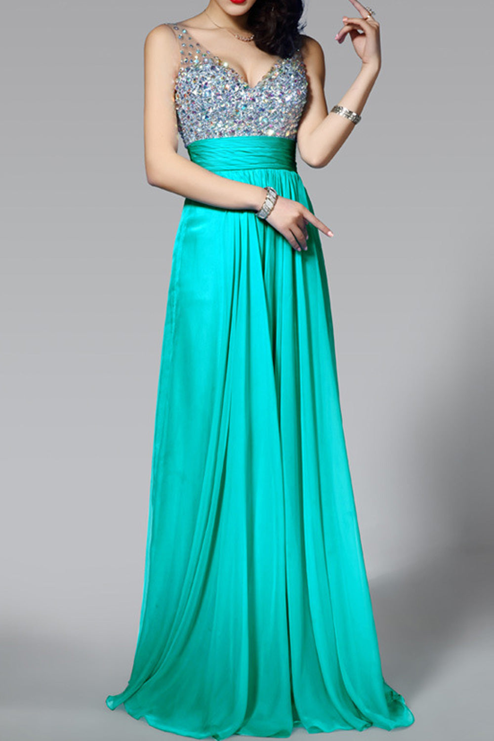 Women Shiny Beads Bust Deep V-Neck Style Smooth Soft Wedding Dress