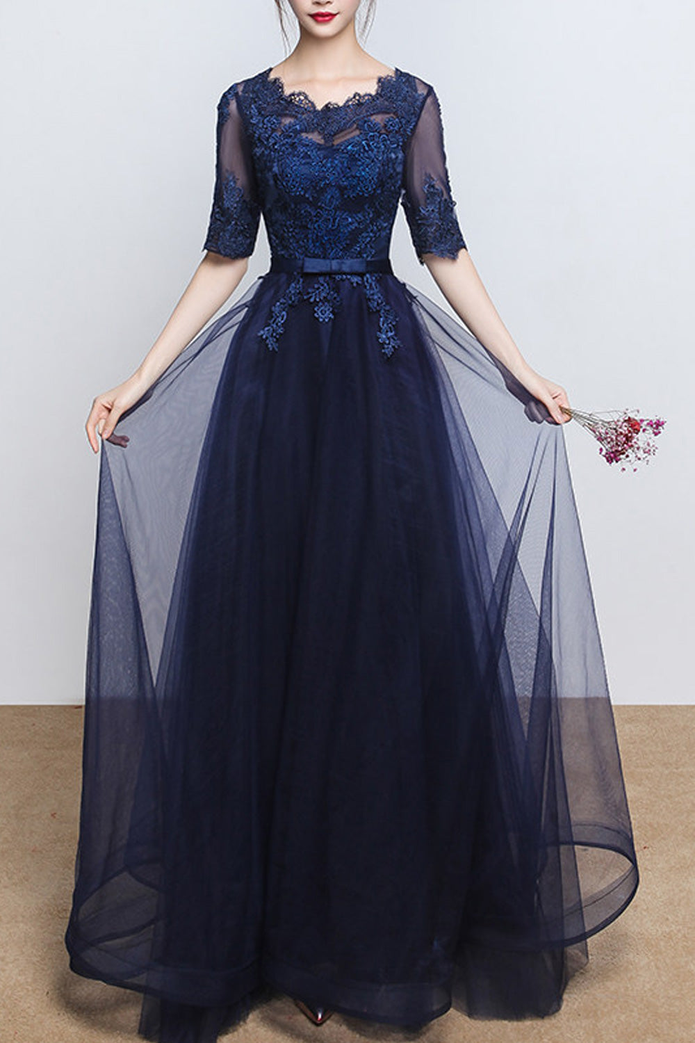 Women Pretty Solid Colored Half Thin Sleeve Lovely Evening Dress