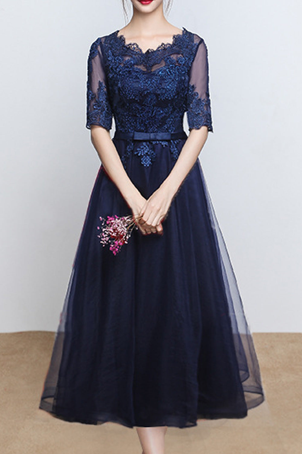 Women Pretty Solid Colored Half Thin Sleeve Lovely Evening Dress