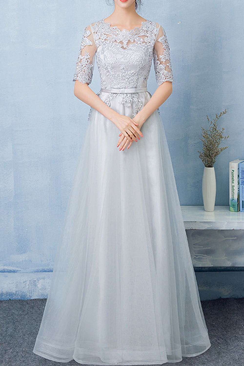 Women Pretty Solid Colored Half Thin Sleeve Lovely Evening Dress