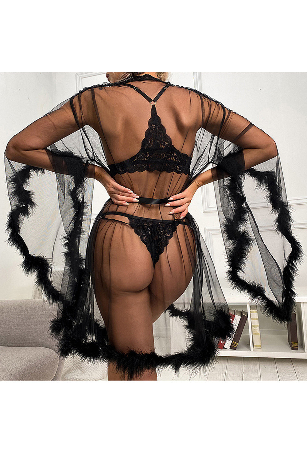 Women See Through Short Sleeve Restful Deep V-Neck Lovely Lace Pattern Robe Waist Night Wear Lingerie