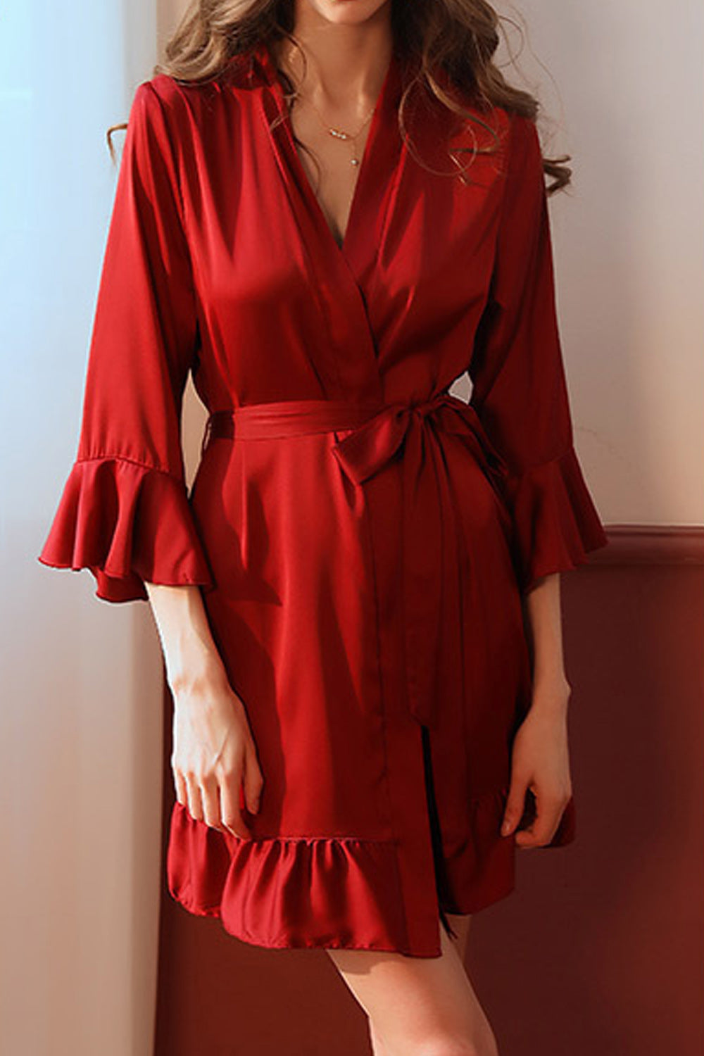 Women Relax Fit Short Sleeve Outstanding Solid Colored Easy Belt Waist Night Wear Lingerie