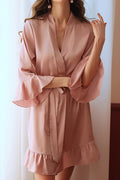 Women Relax Fit Short Sleeve Outstanding Solid Colored Easy Belt Waist Night Wear Lingerie