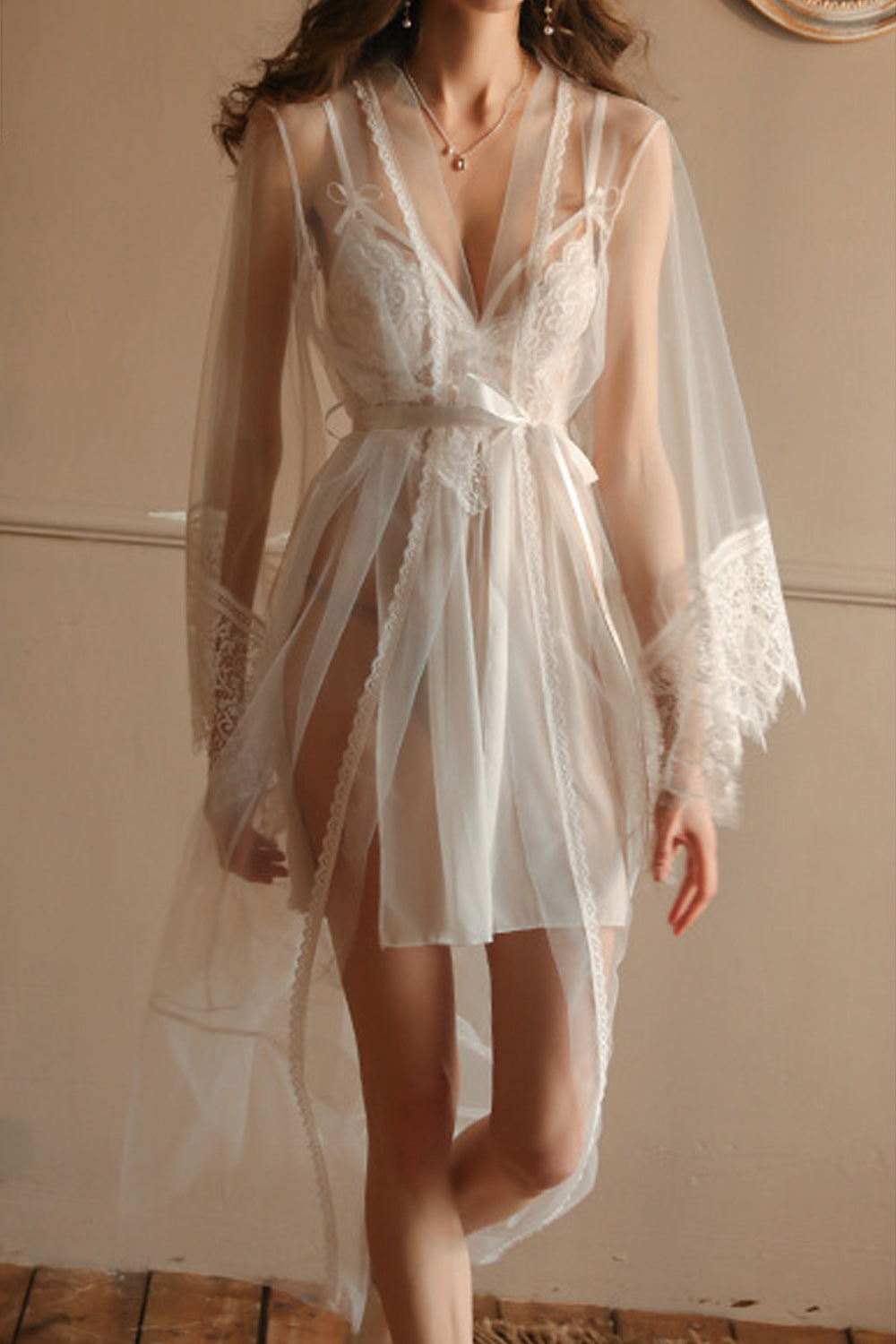 Women Flared Sleeve Easy Belt Closure See Through Summer Night Wear Lingerie