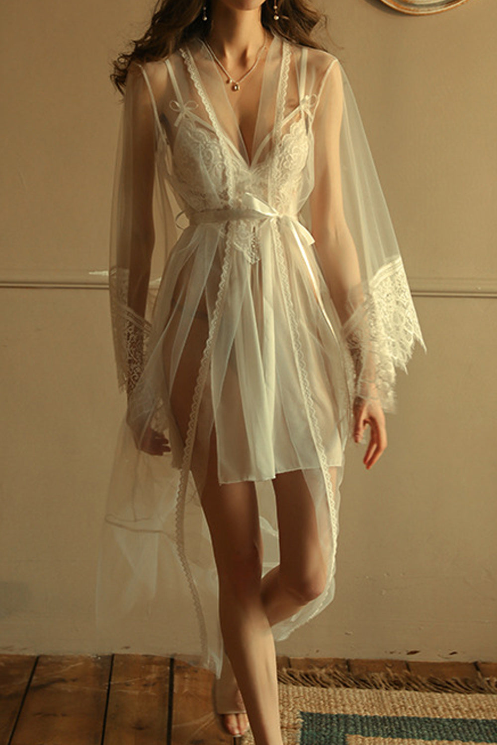 Women Flared Sleeve Easy Belt Closure See Through Summer Night Wear Lingerie
