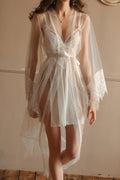 Women Flared Sleeve Easy Belt Closure See Through Summer Night Wear Lingerie