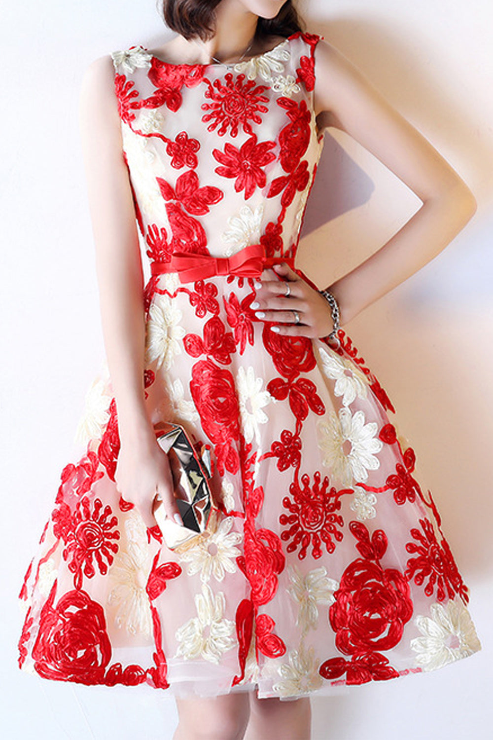 Women V-Neck 3/4 Sleeve Ball Gown Lace Dress
