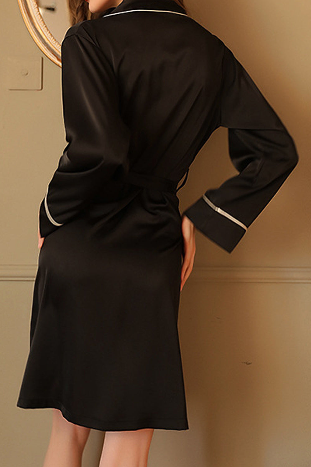 Women Long Sleeve Comfortable Deep V-Neck Superb Solid Colored Robe Belt Night wear Lingerie
