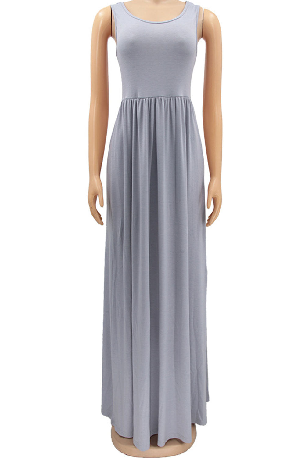 Women Sleeveless Restful Round Neck Pleated Waist Splendid Solid Colored Floor Length Summer Dress
