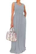 Women Sleeveless Restful Round Neck Pleated Waist Splendid Solid Colored Floor Length Summer Dress