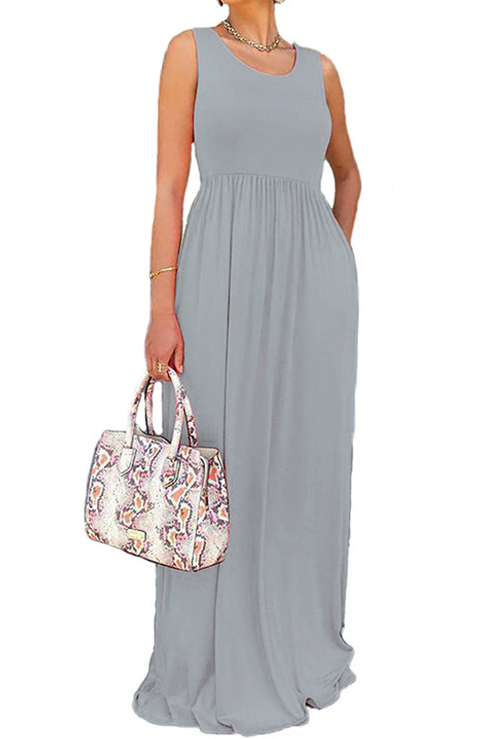 Women Sleeveless Restful Round Neck Pleated Waist Splendid Solid Colored Floor Length Summer Dress