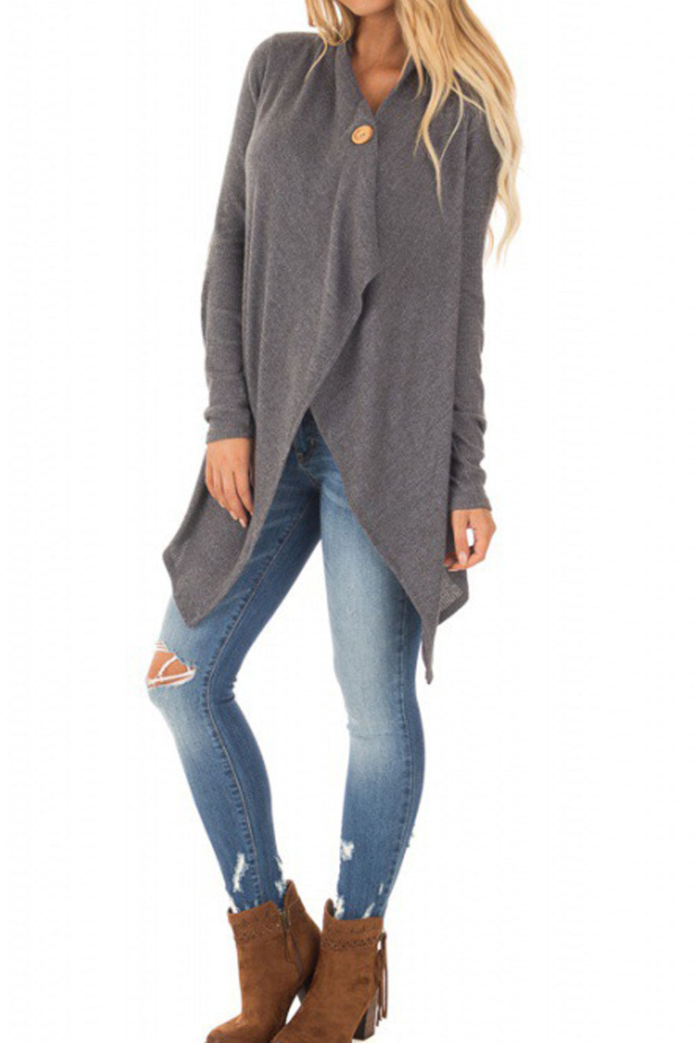 Women Knitted Long Sleeve V-Neck Splendid Solid Colored Irregular Hem Front Open Warm Cardigan
