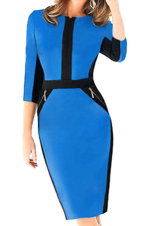 Women Slim Fit Elegent Solid Colored Short Sleeve Easy V-Neck Zipper Styled Above Knee Dress