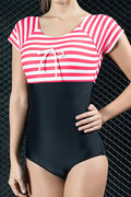 Women Thin Short Sleeve Splendid Striped Pattern Easy Round Neck One-Piece Beach Swimwear