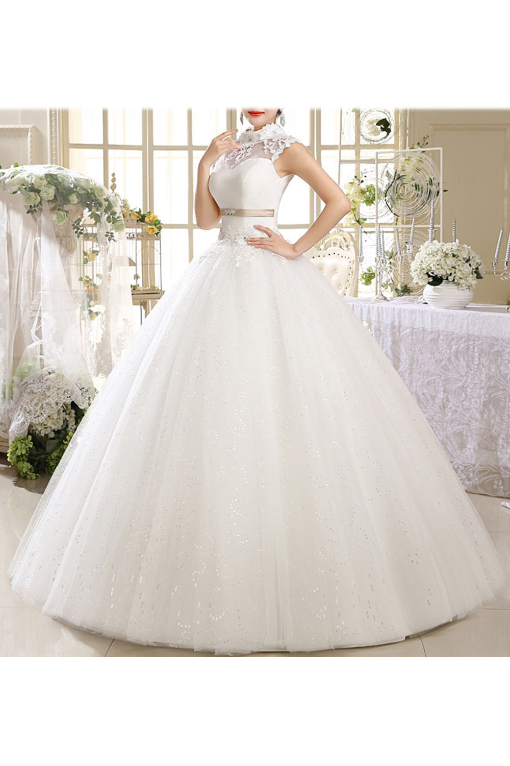Women Stylish Stand Collar Sleeveless Loose Skirt Wedding Dress