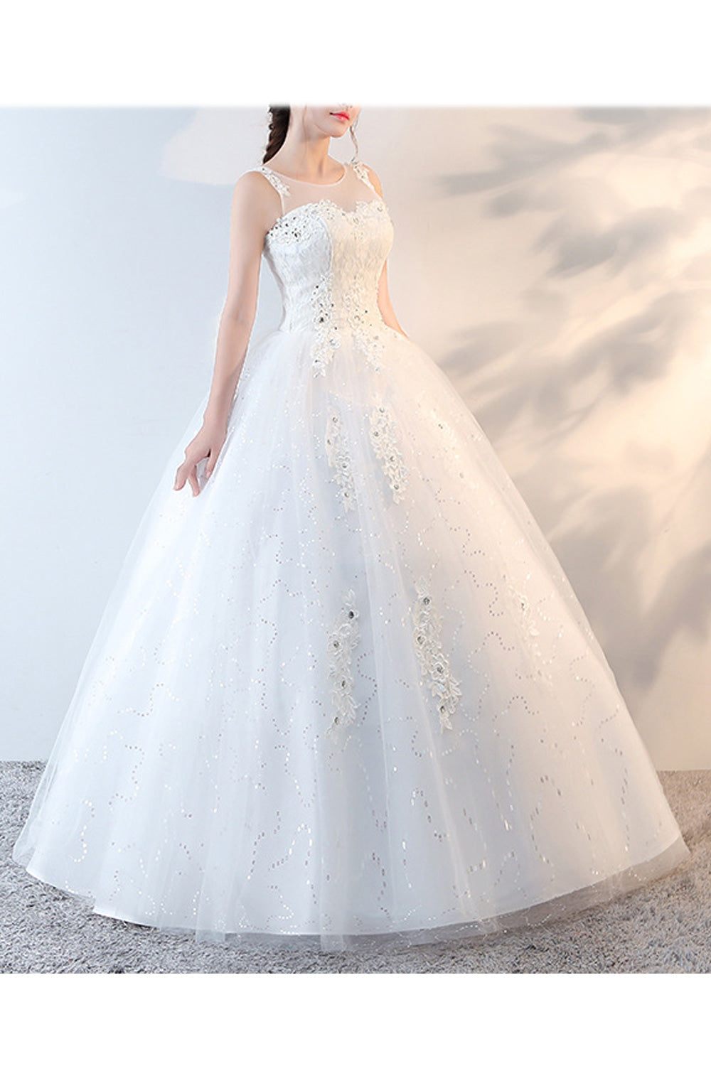 Women Sleeveless Round Neck Solid Pattern Lace Decorated Wedding Dress