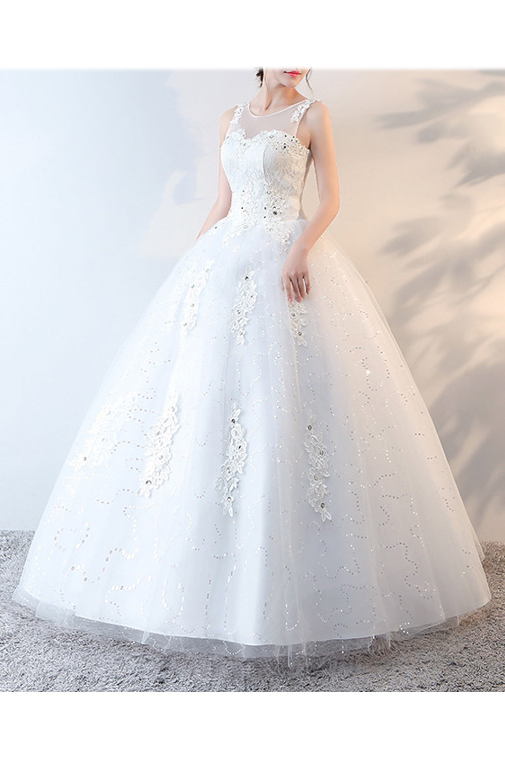 Women Sleeveless Round Neck Solid Pattern Lace Decorated Wedding Dress