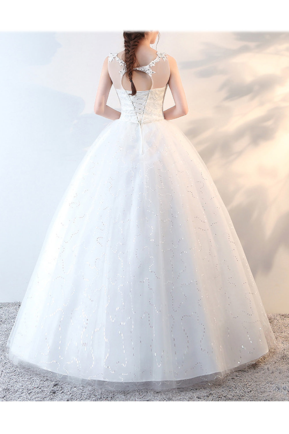 Women Sleeveless Round Neck Solid Pattern Lace Decorated Wedding Dress