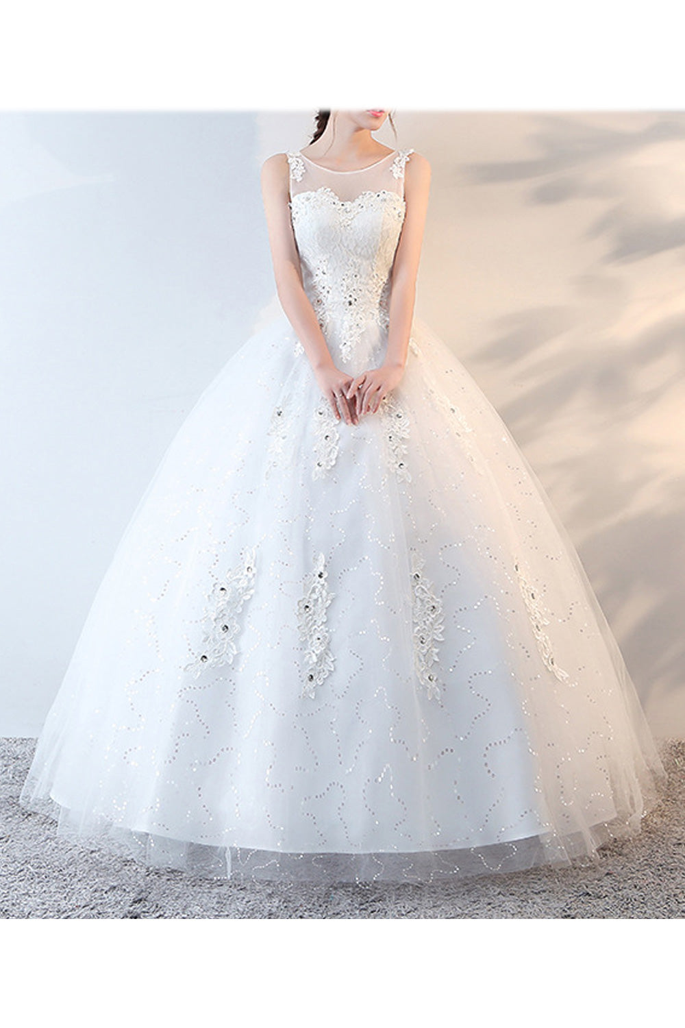 Women Sleeveless Round Neck Solid Pattern Lace Decorated Wedding Dress