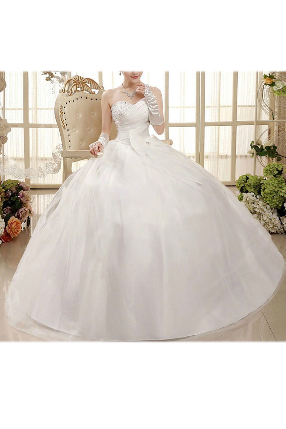 Women Bow Decorated Solid Pattern Soft Smooth Wedding Dress
