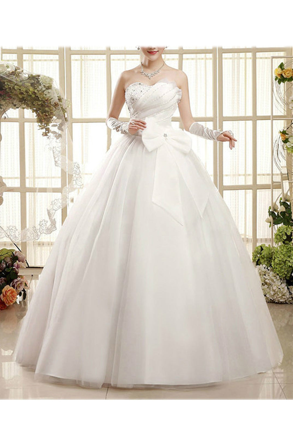 Women Bow Decorated Solid Pattern Soft Smooth Wedding Dress