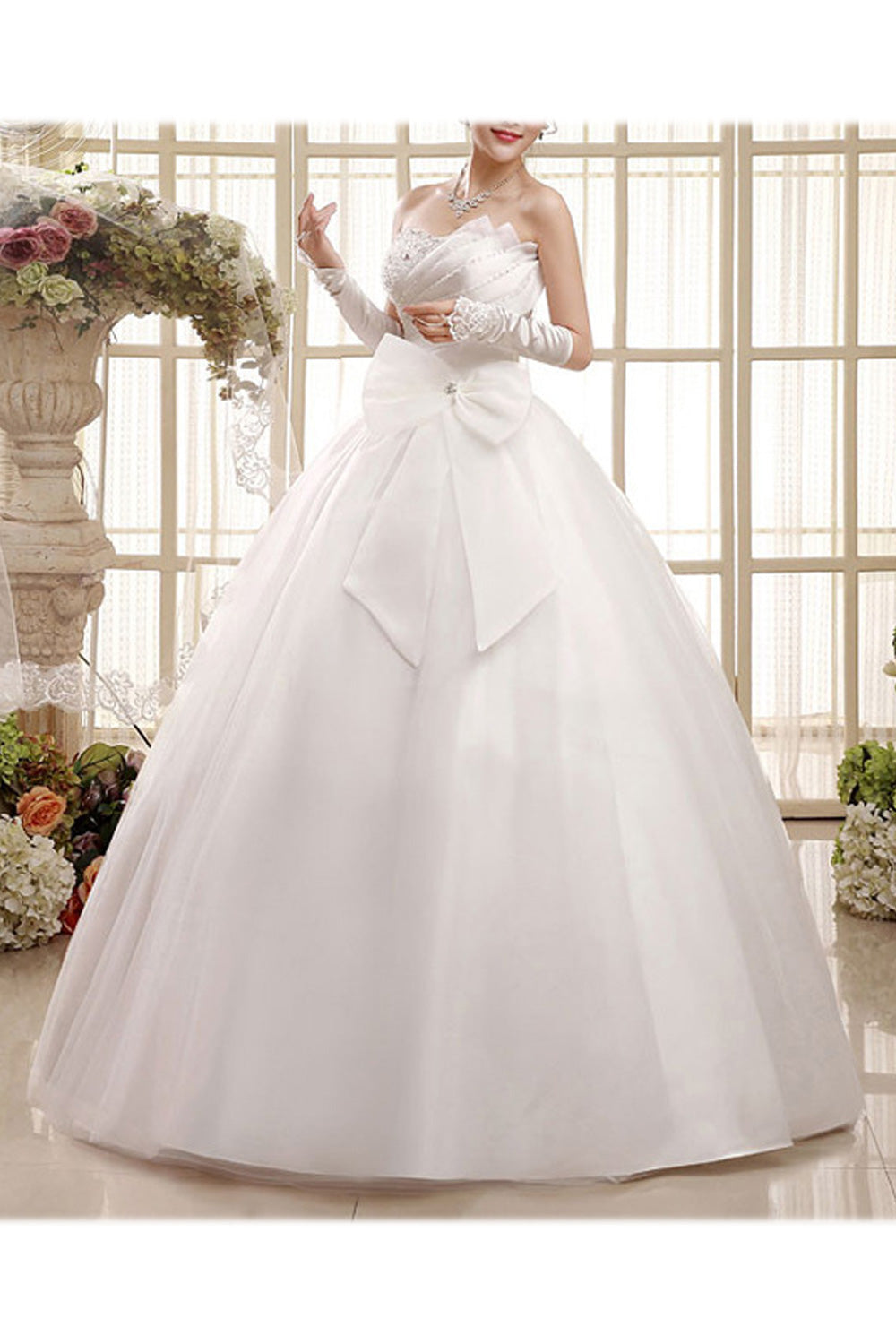 Women Bow Decorated Solid Pattern Soft Smooth Wedding Dress