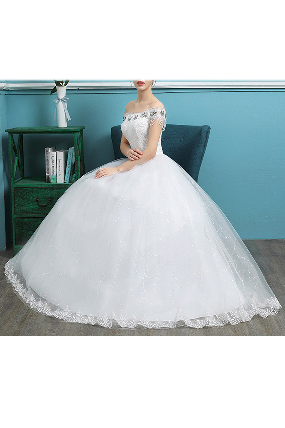 Women Off-Shoulder Lace Embroidered Classy Wedding Dress