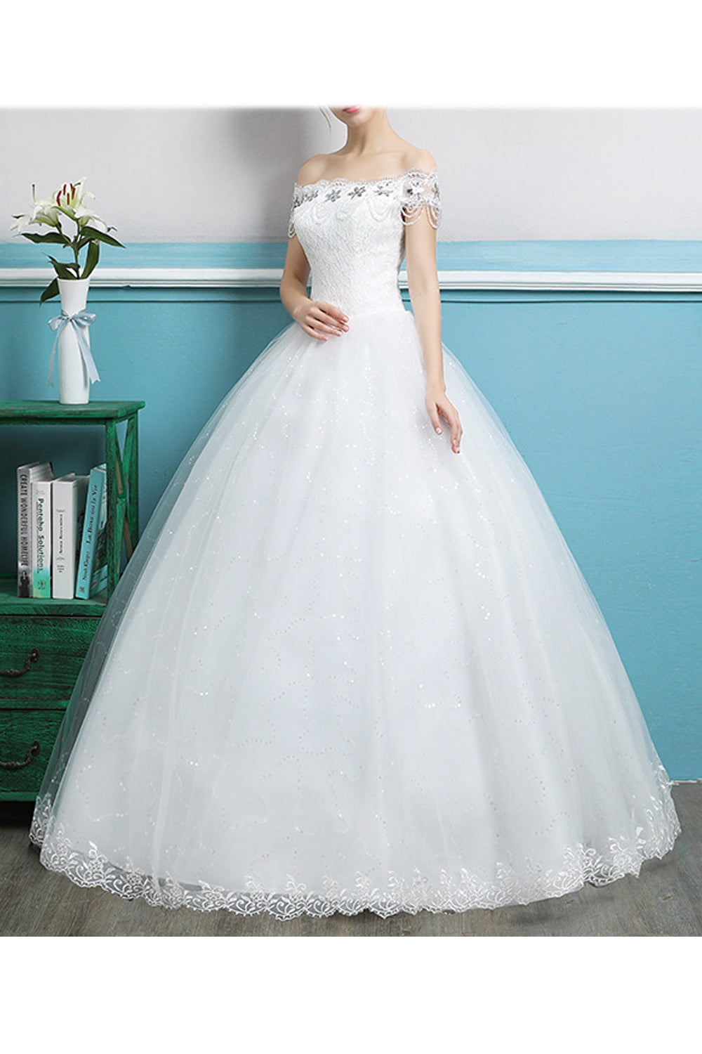 Women Off-Shoulder Lace Embroidered Classy Wedding Dress