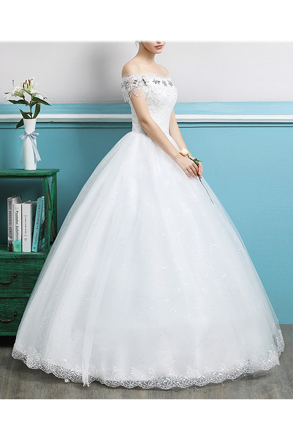 Women Off-Shoulder Lace Embroidered Classy Wedding Dress