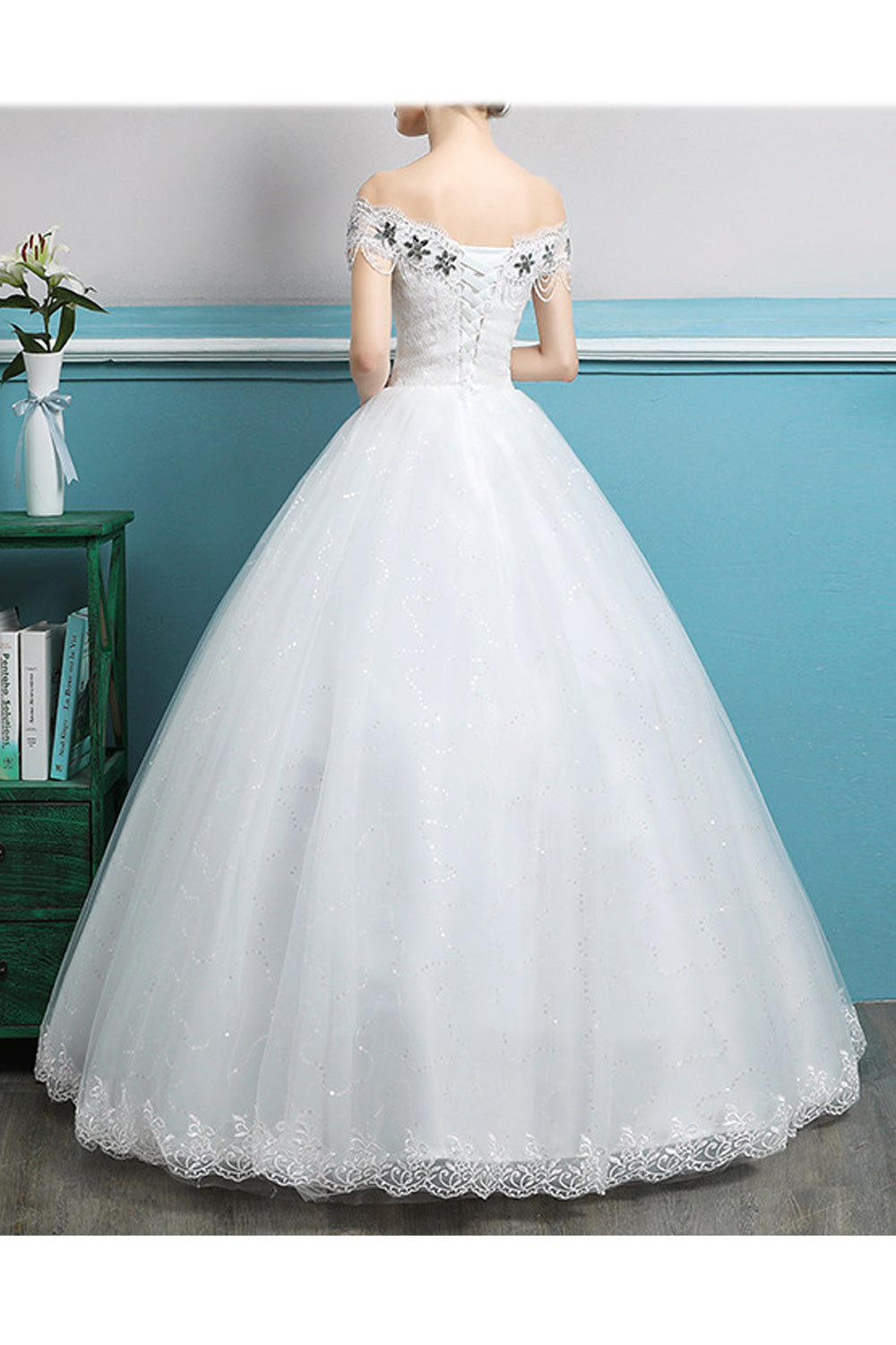 Women Off-Shoulder Lace Embroidered Classy Wedding Dress