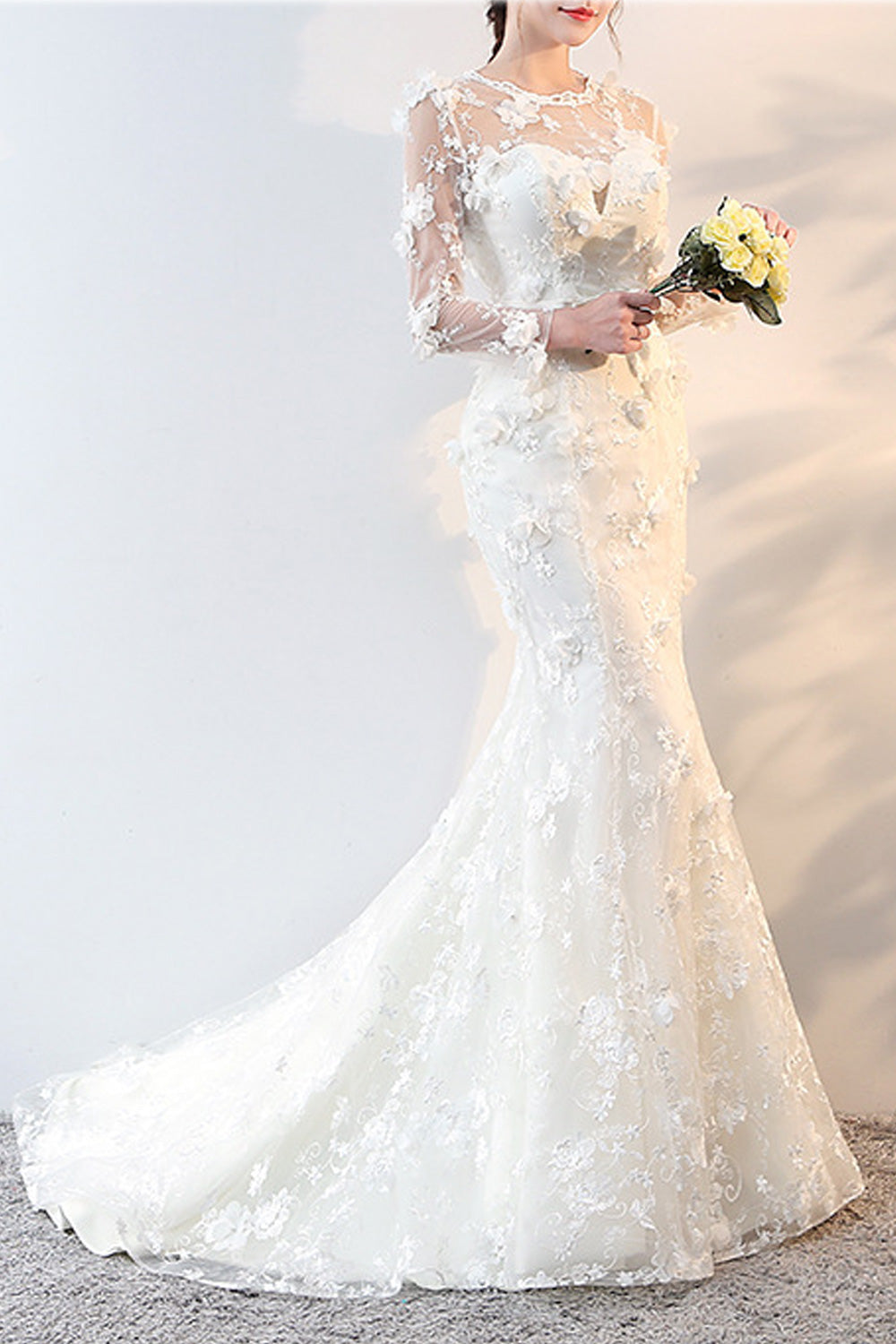 Women Round Neck Stylish Flower Embroidered Long Sleeve Wedding Dress