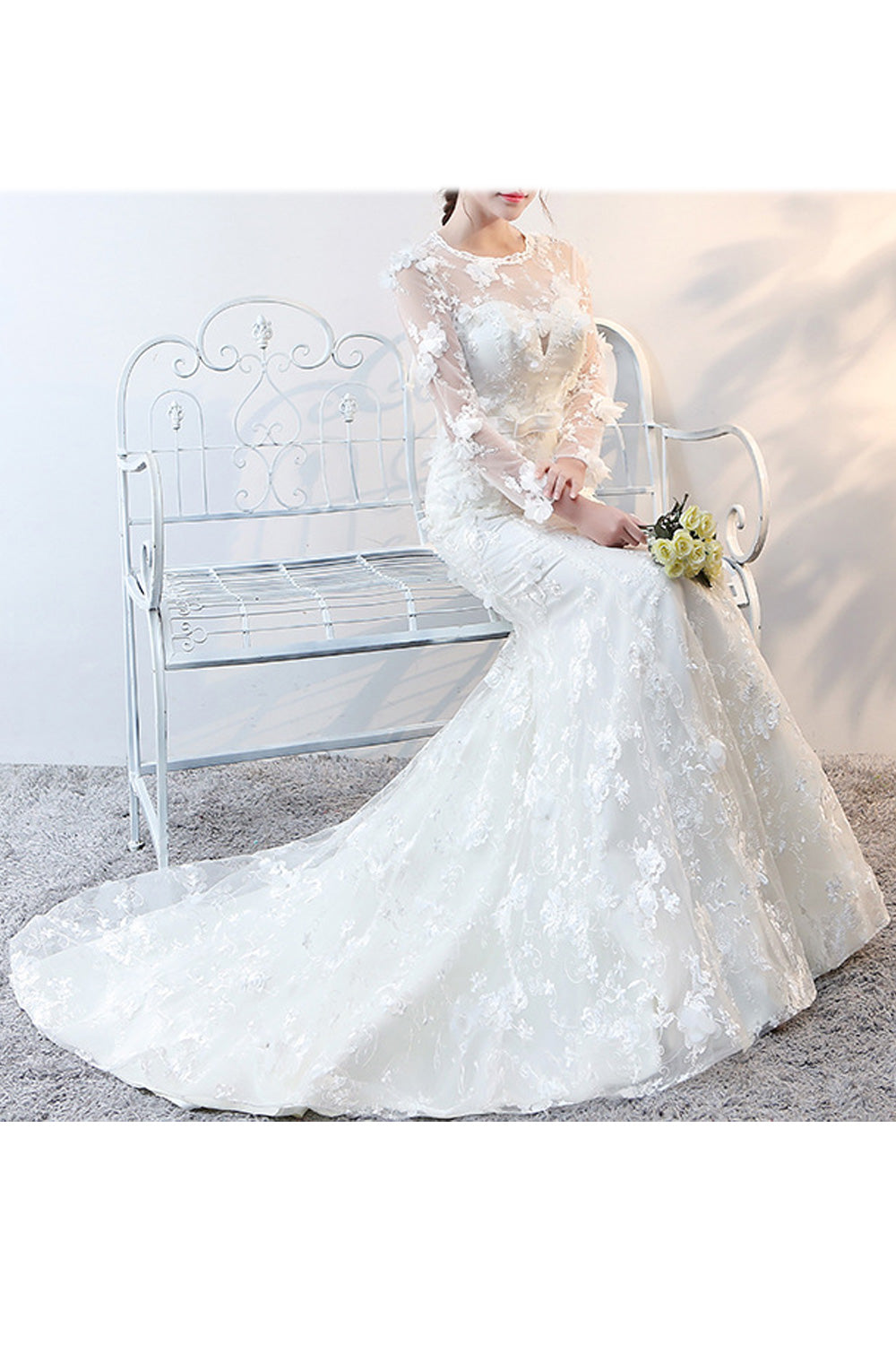 Women Round Neck Stylish Flower Embroidered Long Sleeve Wedding Dress