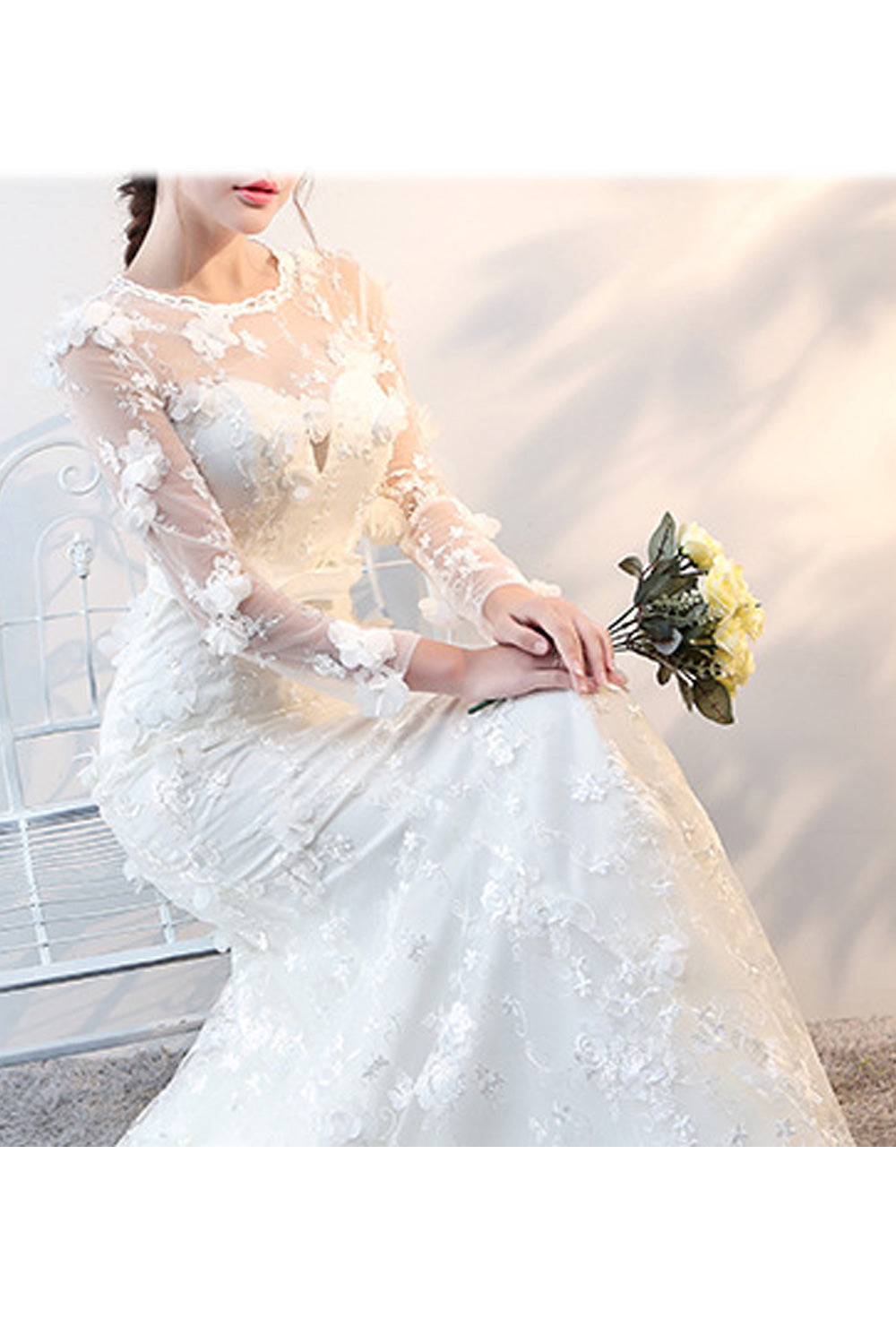 Women Round Neck Stylish Flower Embroidered Long Sleeve Wedding Dress