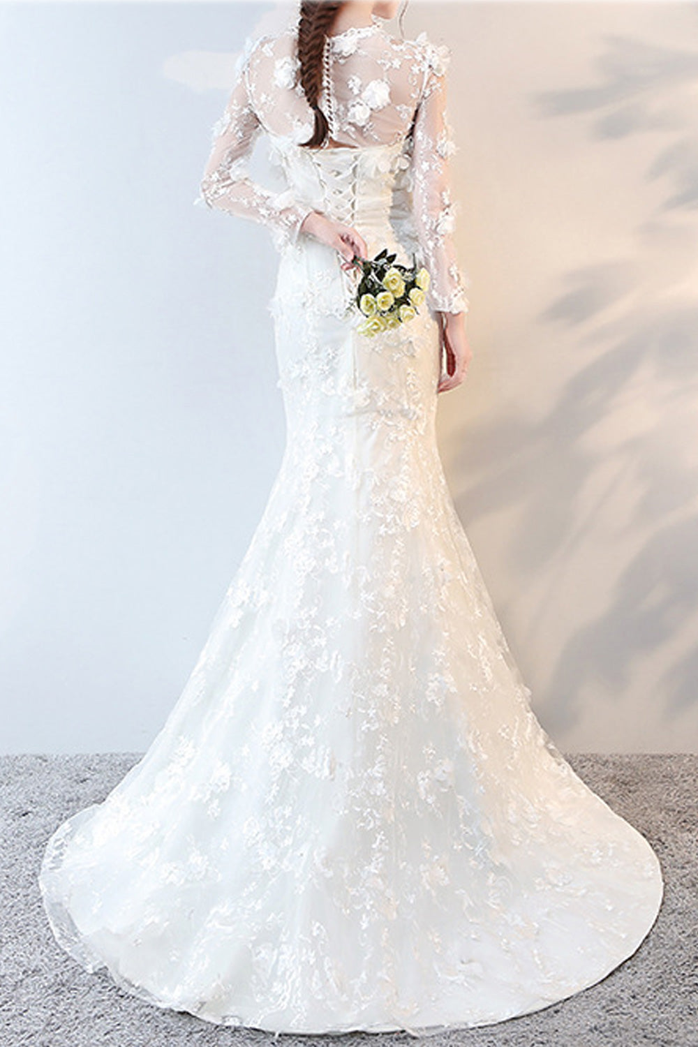 Women Round Neck Stylish Flower Embroidered Long Sleeve Wedding Dress