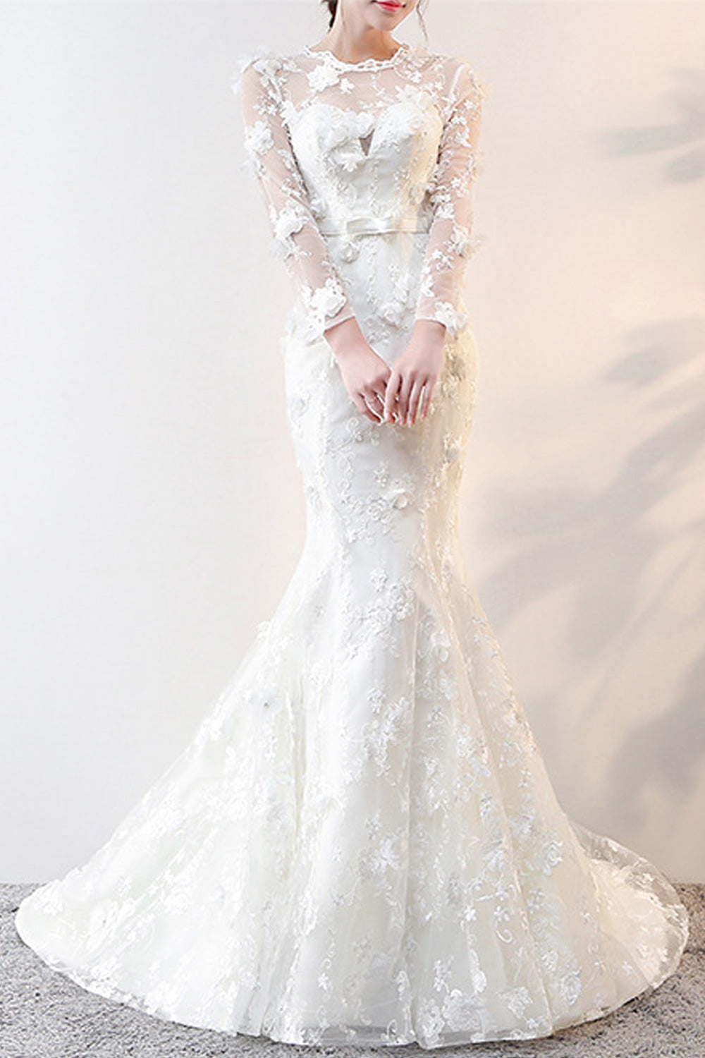 Women Round Neck Stylish Flower Embroidered Long Sleeve Wedding Dress