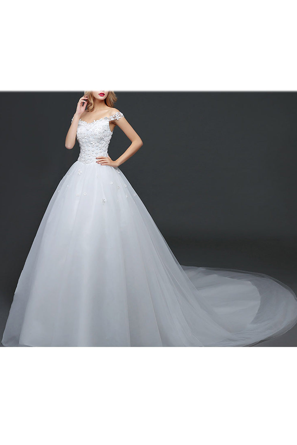 Women Floral Shoulder Long Thin Tail Solid Pattern Wedding Dress