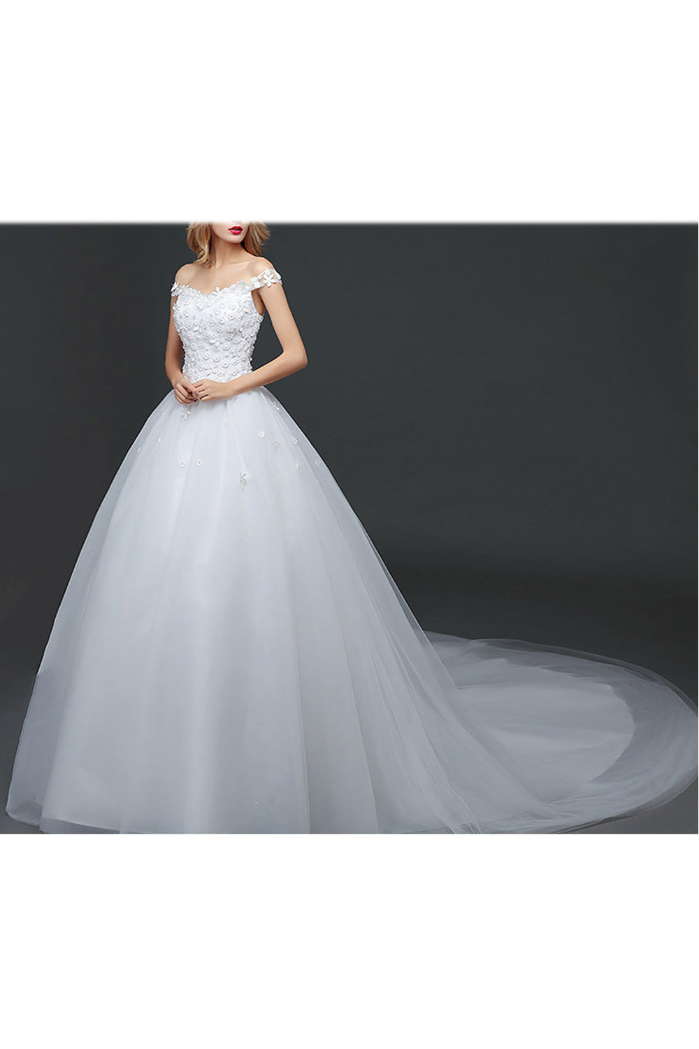 Women Floral Shoulder Long Thin Tail Solid Pattern Wedding Dress