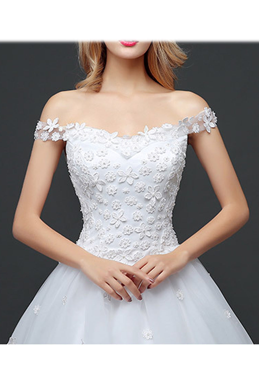 Women Floral Shoulder Long Thin Tail Solid Pattern Wedding Dress