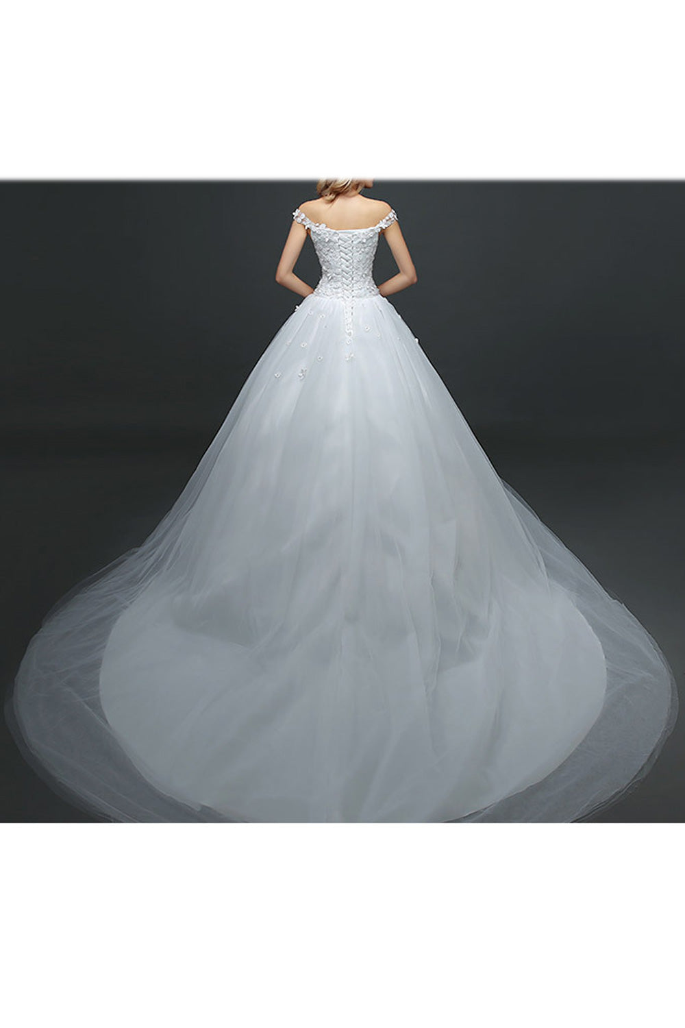 Women Floral Shoulder Long Thin Tail Solid Pattern Wedding Dress