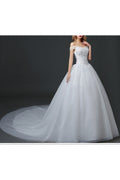 Women Floral Shoulder Long Thin Tail Solid Pattern Wedding Dress