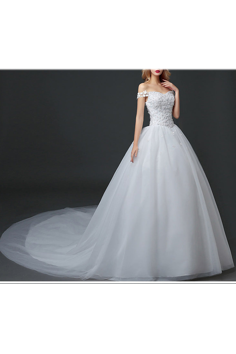 Women Floral Shoulder Long Thin Tail Solid Pattern Wedding Dress
