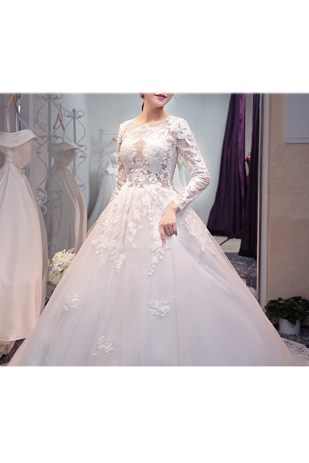 Women Long Skirt Long Lace Sleeve Classy Wedding Dress