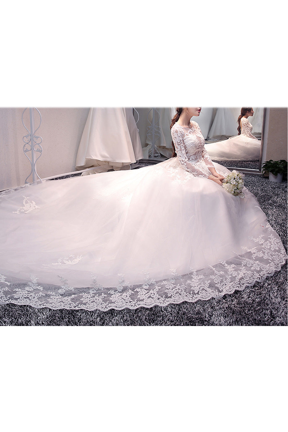 Women Long Skirt Long Lace Sleeve Classy Wedding Dress