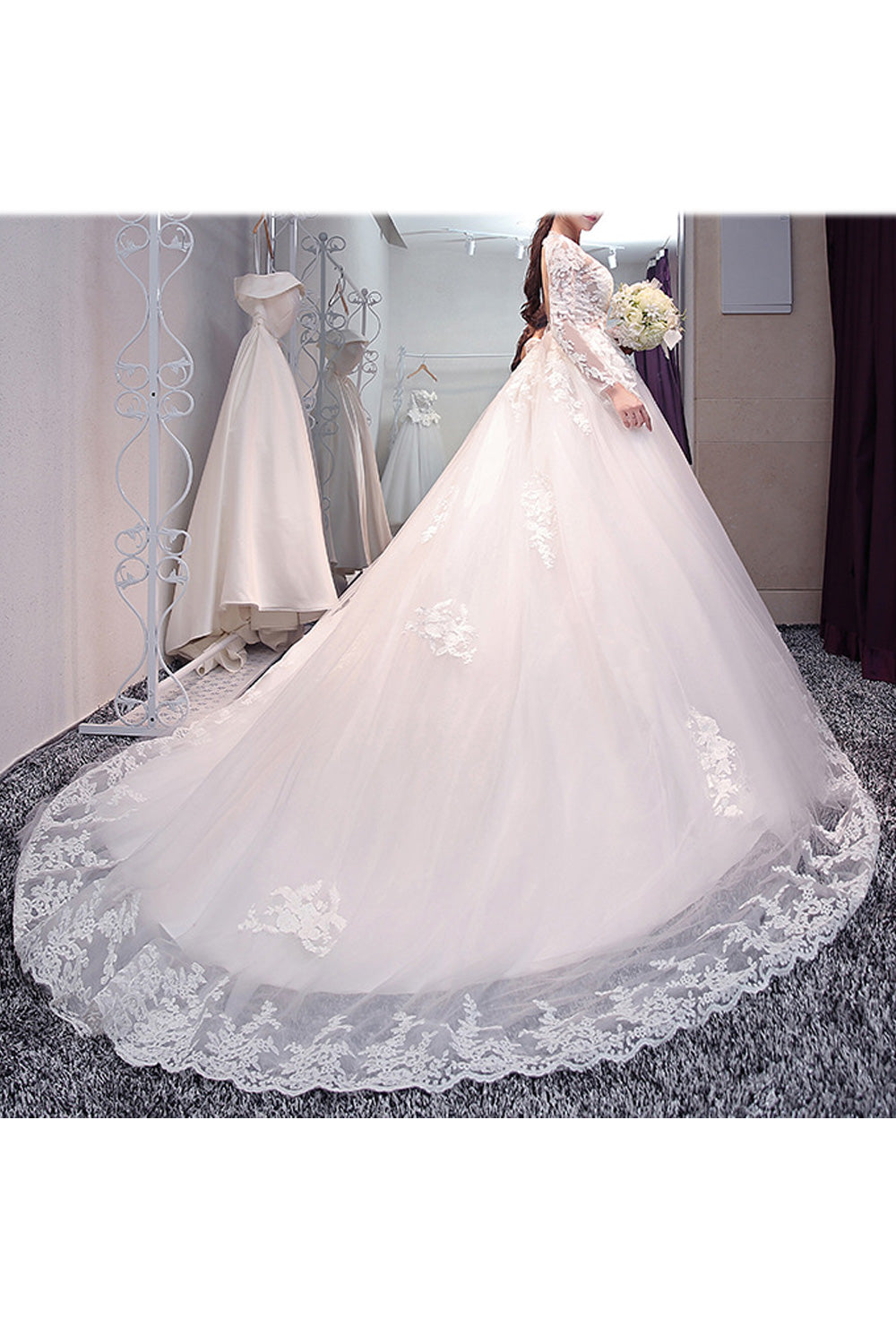 Women Long Skirt Long Lace Sleeve Classy Wedding Dress