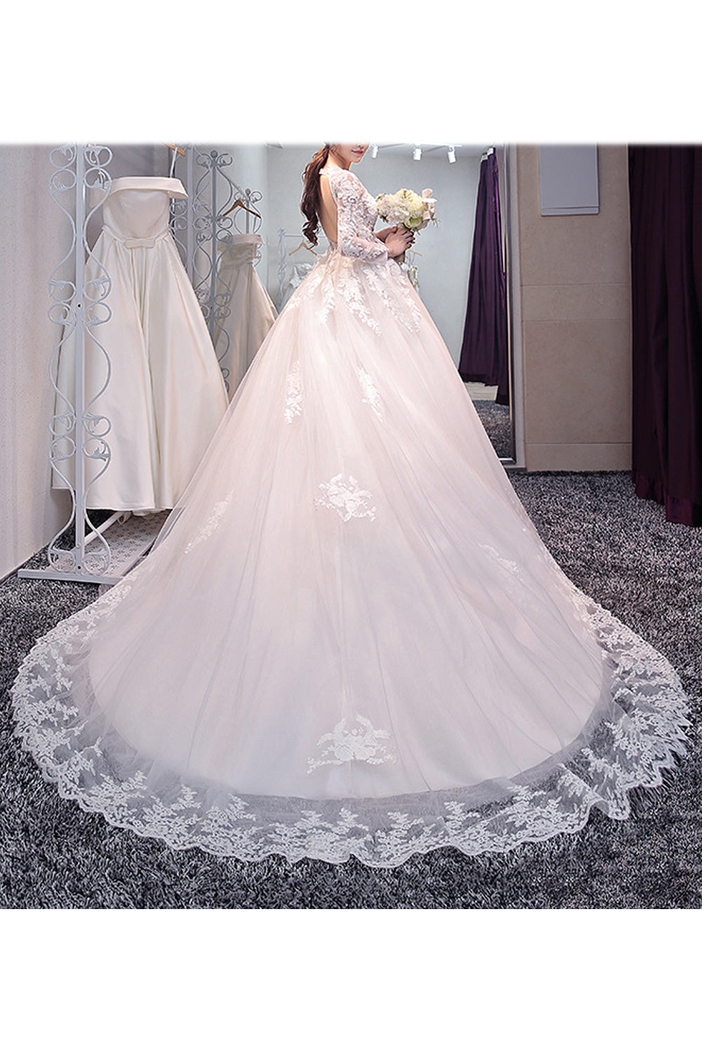 Women Long Skirt Long Lace Sleeve Classy Wedding Dress