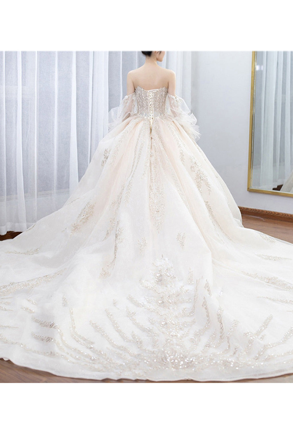 Women Ruffled Shoulder Beautiful Decorated Long Skirt Wedding Dress
