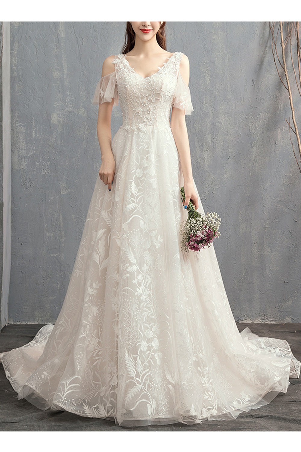 Women Cool Cut Out Shoulder Breathable Embroidered Style Wedding Dress