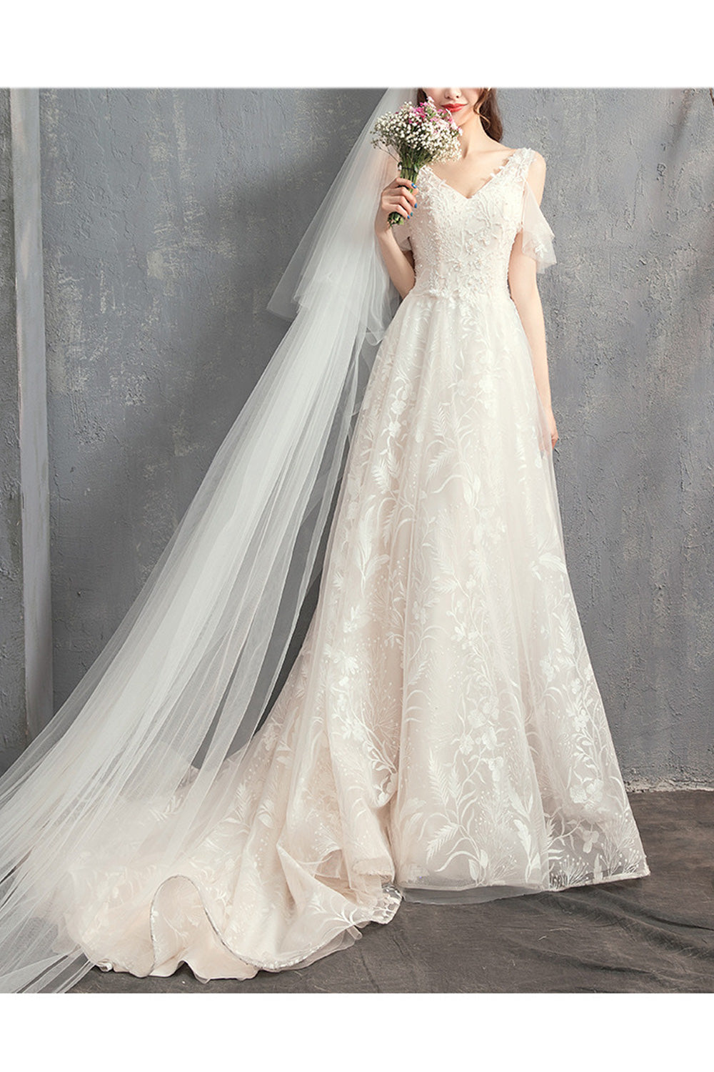 Women Cool Cut Out Shoulder Breathable Embroidered Style Wedding Dress