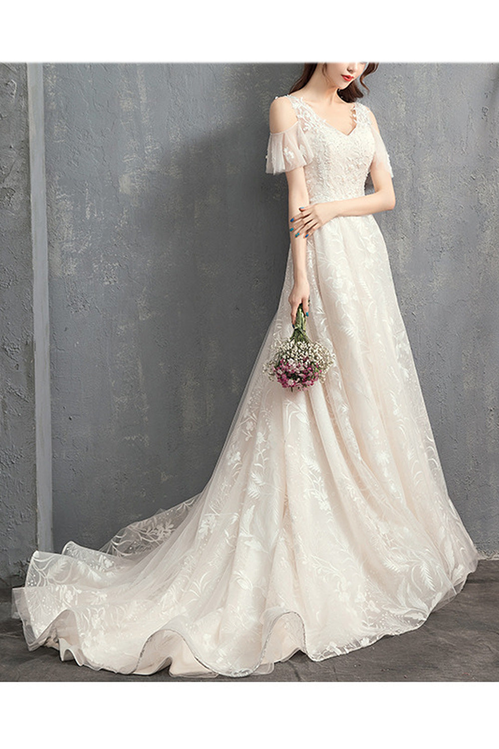 Women Cool Cut Out Shoulder Breathable Embroidered Style Wedding Dress
