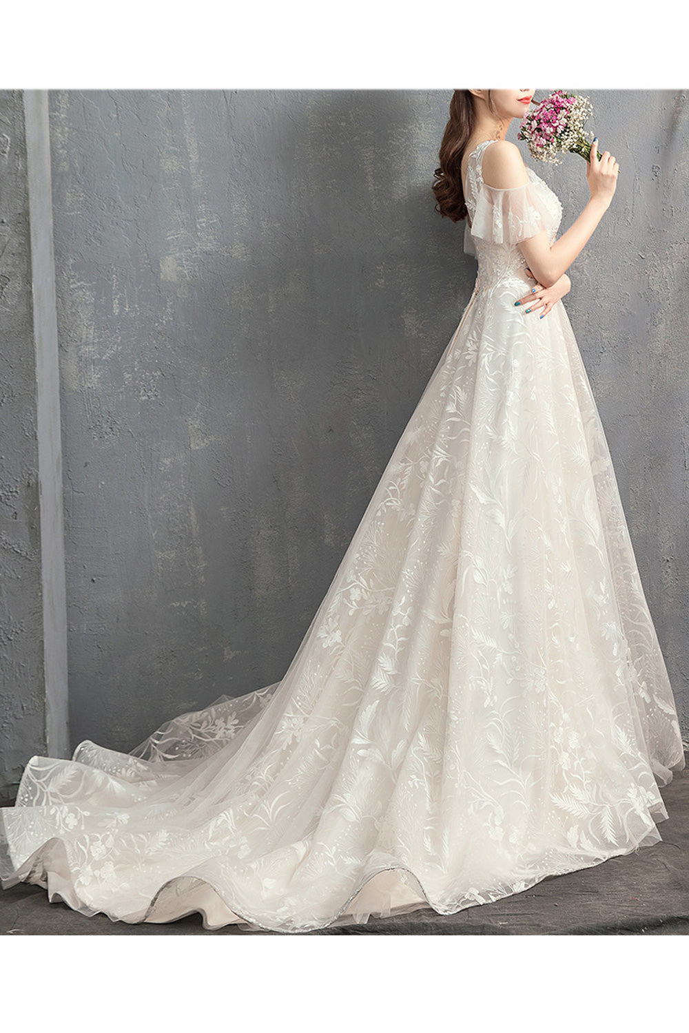 Women Cool Cut Out Shoulder Breathable Embroidered Style Wedding Dress